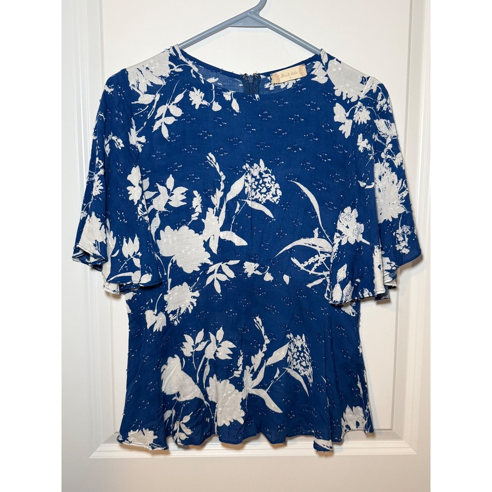 Altar'd State Blue Floral Clip Dot Peplum Blouse Flutter Sleeve Small